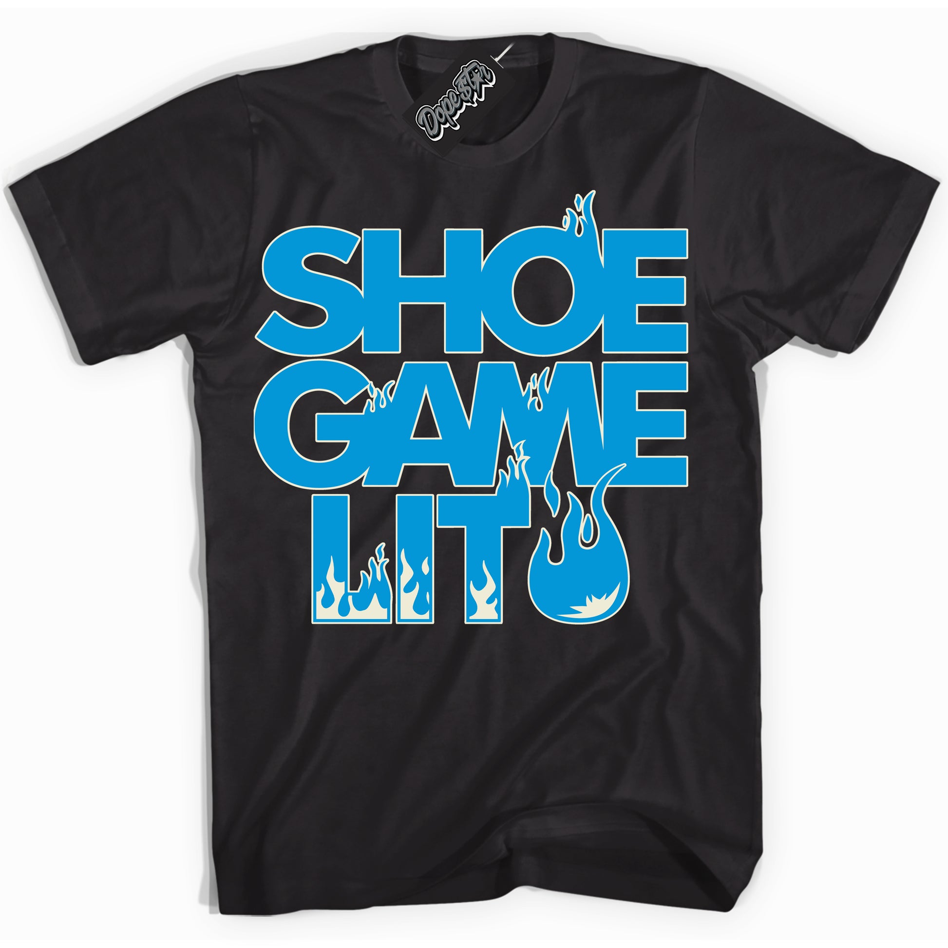 Cool Black Shirt with “Shoe Game Lit” design that perfectly matches Coconut Milk University Blue Dunk.
