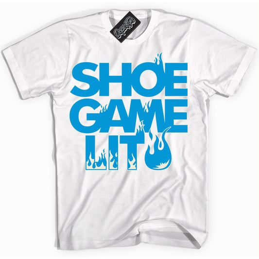 Cool White Shirt with “Shoe Game Lit” design that perfectly matches Coconut Milk University Blue Dunk.
