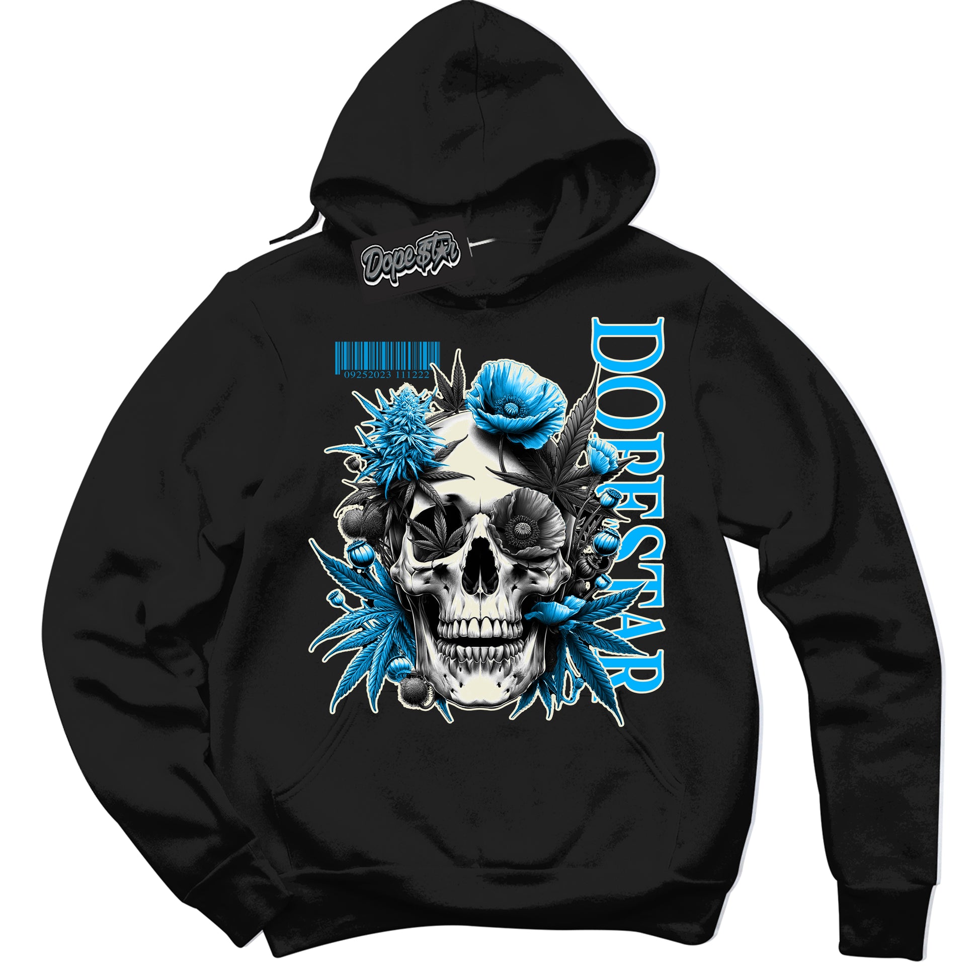 Cool Black Hoodie with “Skull Poppies” design that Perfectly Matches Coconut Milk University Blue Dunk.
