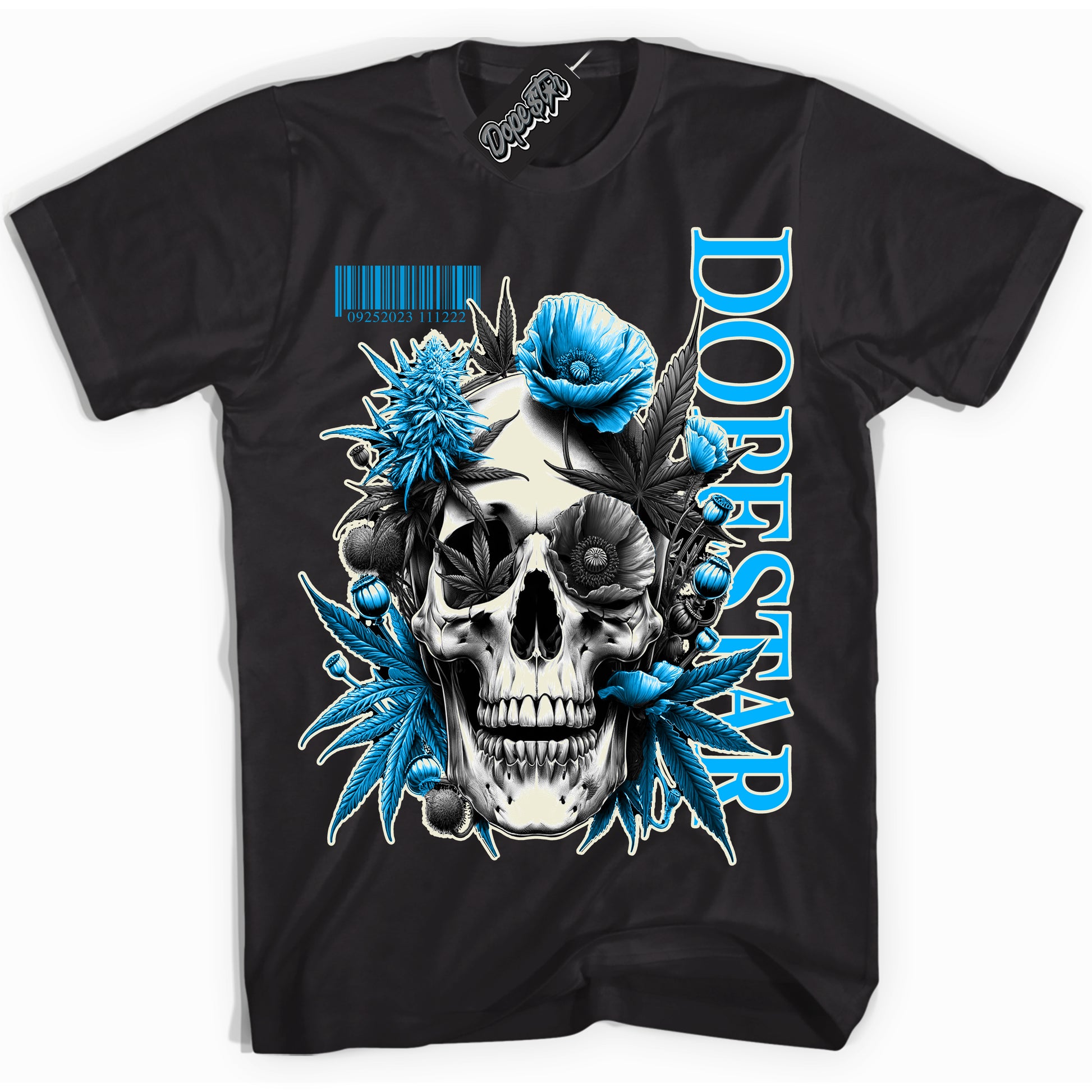 Cool Black Shirt with “Skull Poppies” design that perfectly matches Coconut Milk University Blue Dunk.
