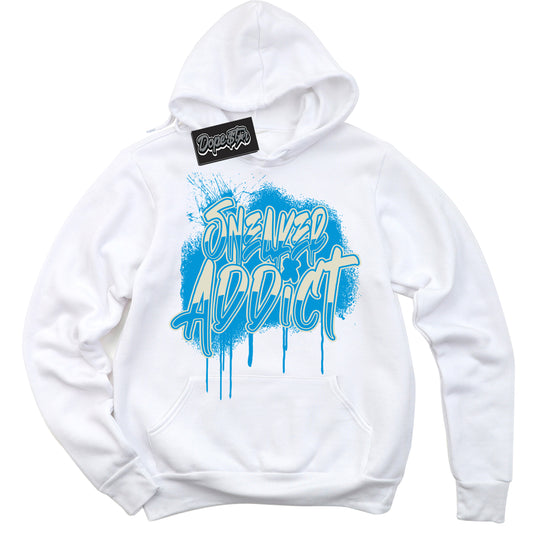 Cool White Hoodie with “Sneaker Addict” design that Perfectly Matches Coconut Milk University Blue Dunk.
