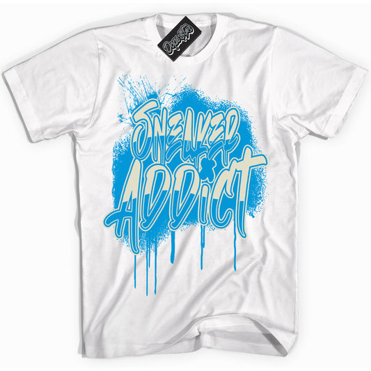 Cool White Shirt with “Sneaker Addict” design that perfectly matches Coconut Milk University Blue Dunk.

