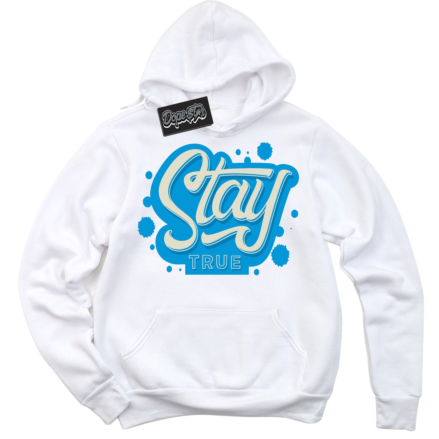 Cool White Hoodie with “Stay True” design that Perfectly Matches Coconut Milk University Blue Dunk.
