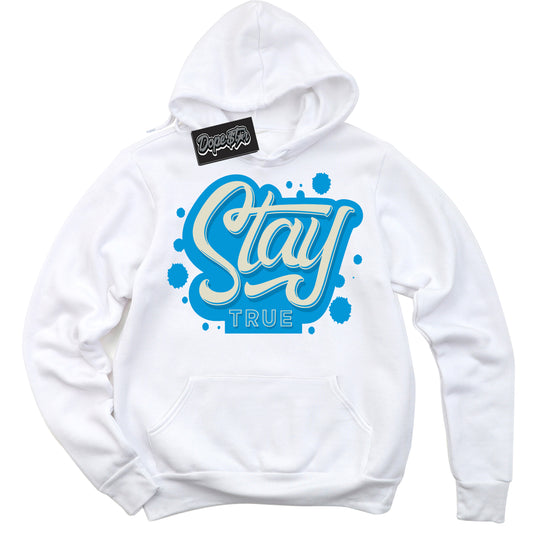 Cool White Hoodie with “Stay True” design that Perfectly Matches Coconut Milk University Blue Dunk.

