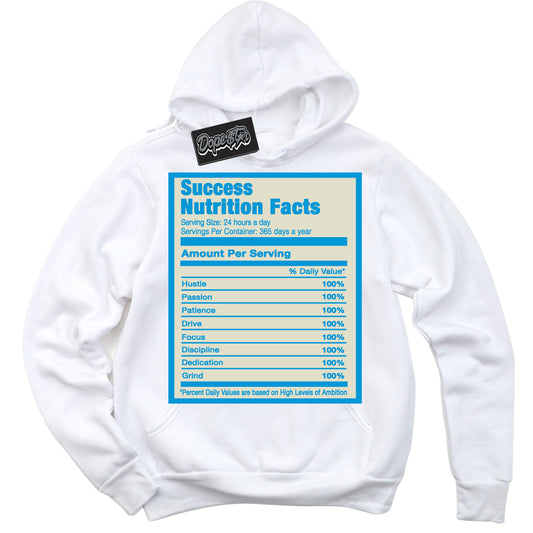 Cool White Hoodie with “Success Nutrition” design that Perfectly Matches Coconut Milk University Blue Dunk.
