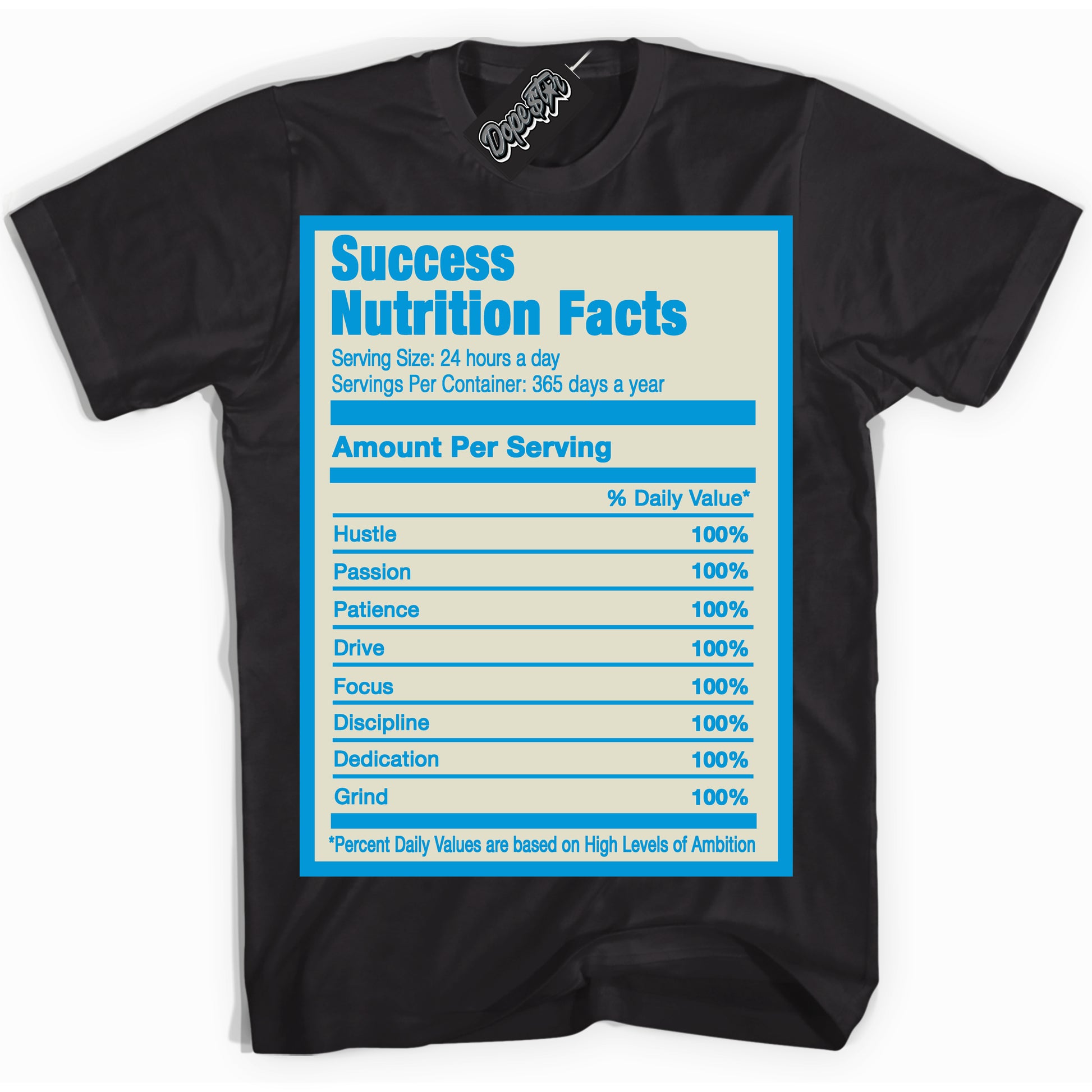 Cool Black Shirt with “Success Nutrition” design that perfectly matches Coconut Milk University Blue Dunk.
