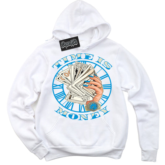 Cool White Hoodie with “Time Is Money” design that Perfectly Matches Coconut Milk University Blue Dunk.
