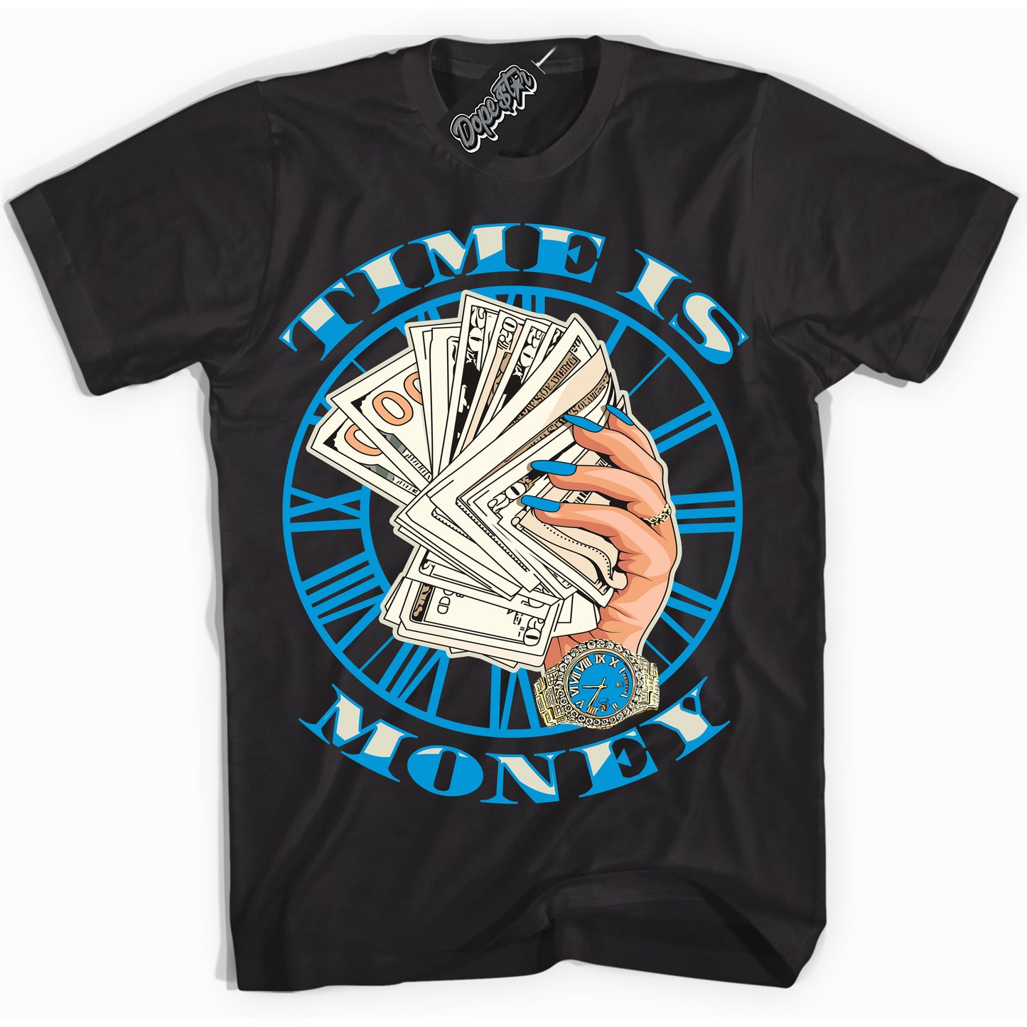 Cool Black Shirt with “Time Is Money” design that perfectly matches Coconut Milk University Blue Dunk.
