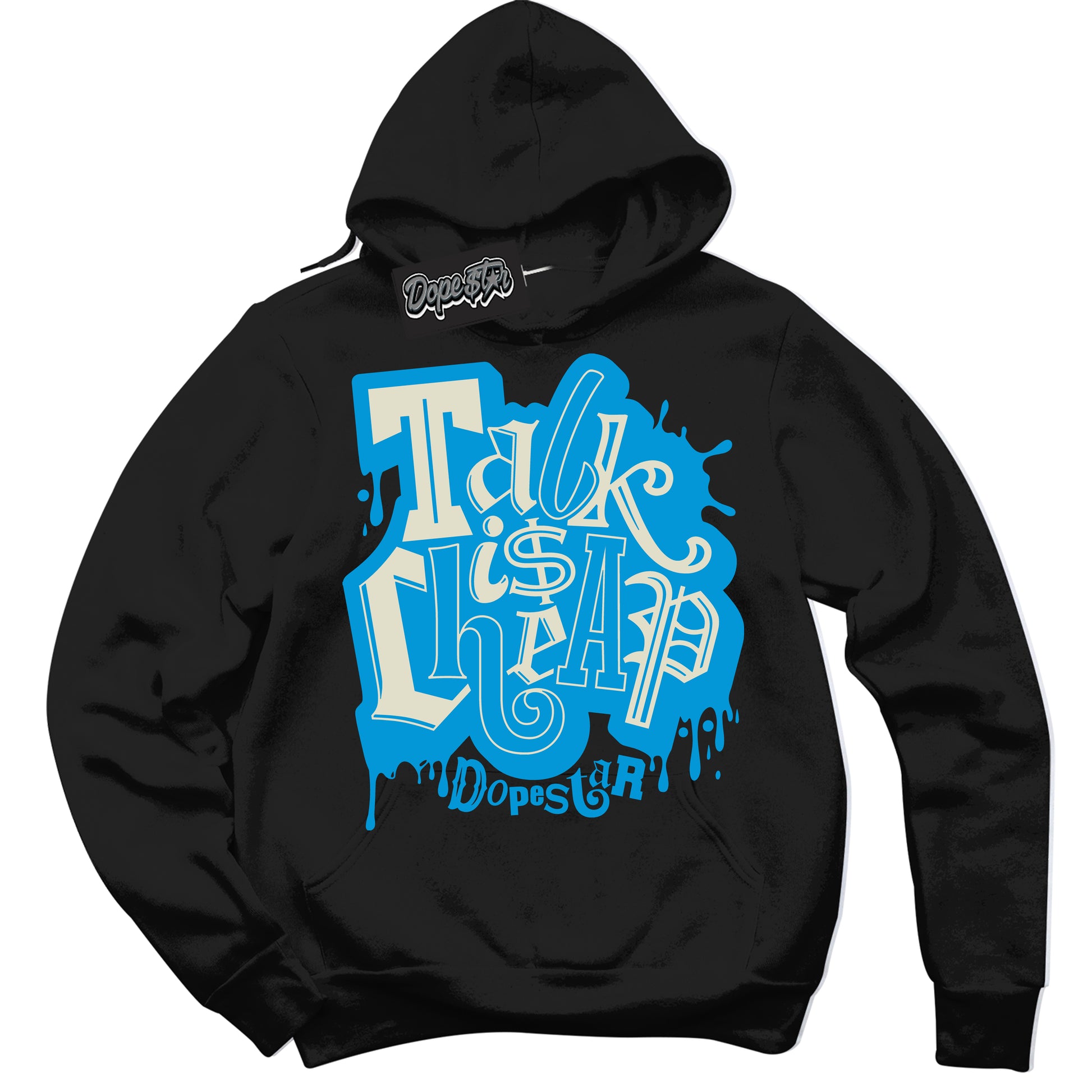 Cool Black Hoodie with “Talk Is Cheap” design that Perfectly Matches Coconut Milk University Blue Dunk.
