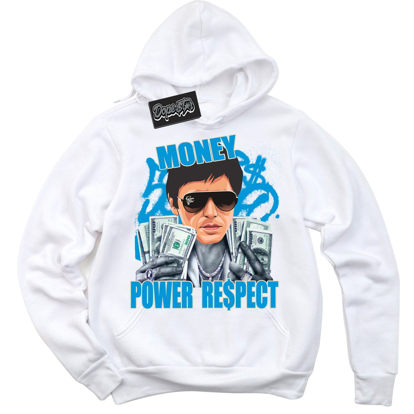 Cool White Hoodie with “Tony Montana” design that Perfectly Matches Coconut Milk University Blue Dunk.
