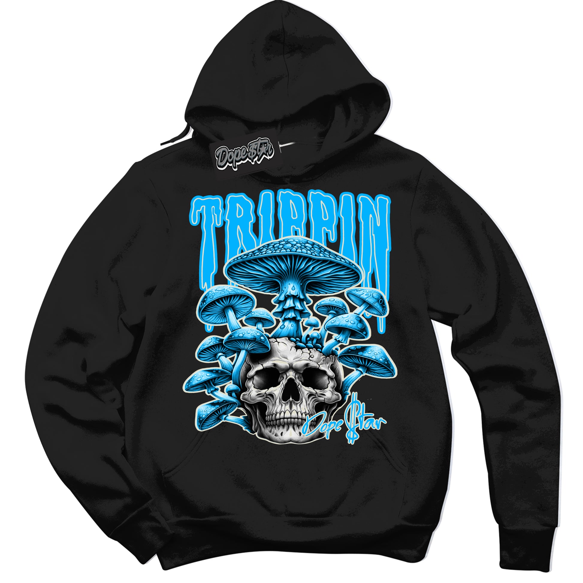 Cool Black Hoodie with “Trippin” design that Perfectly Matches Coconut Milk University Blue Dunk.
