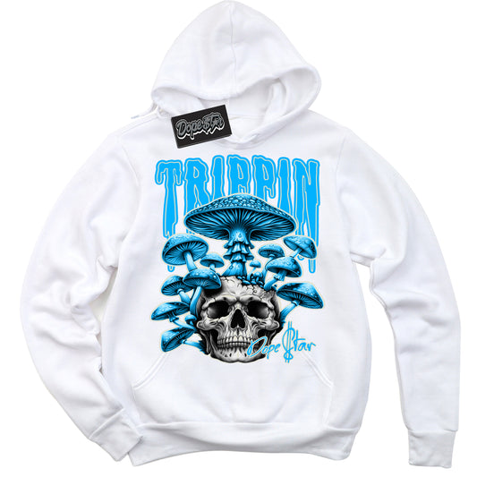 Cool White Hoodie with “Trippin” design that Perfectly Matches Coconut Milk University Blue Dunk.
