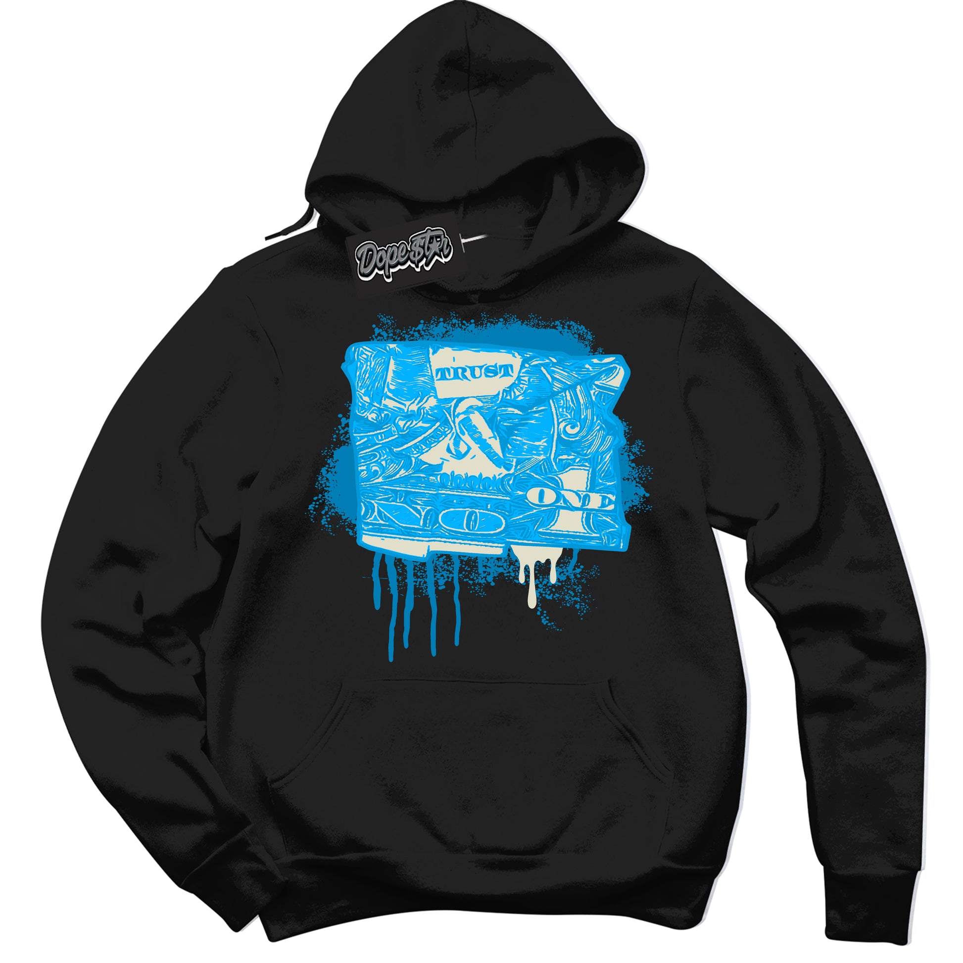 Cool Black Hoodie with “Trust No One Dollar” design that Perfectly Matches Coconut Milk University Blue Dunk.
