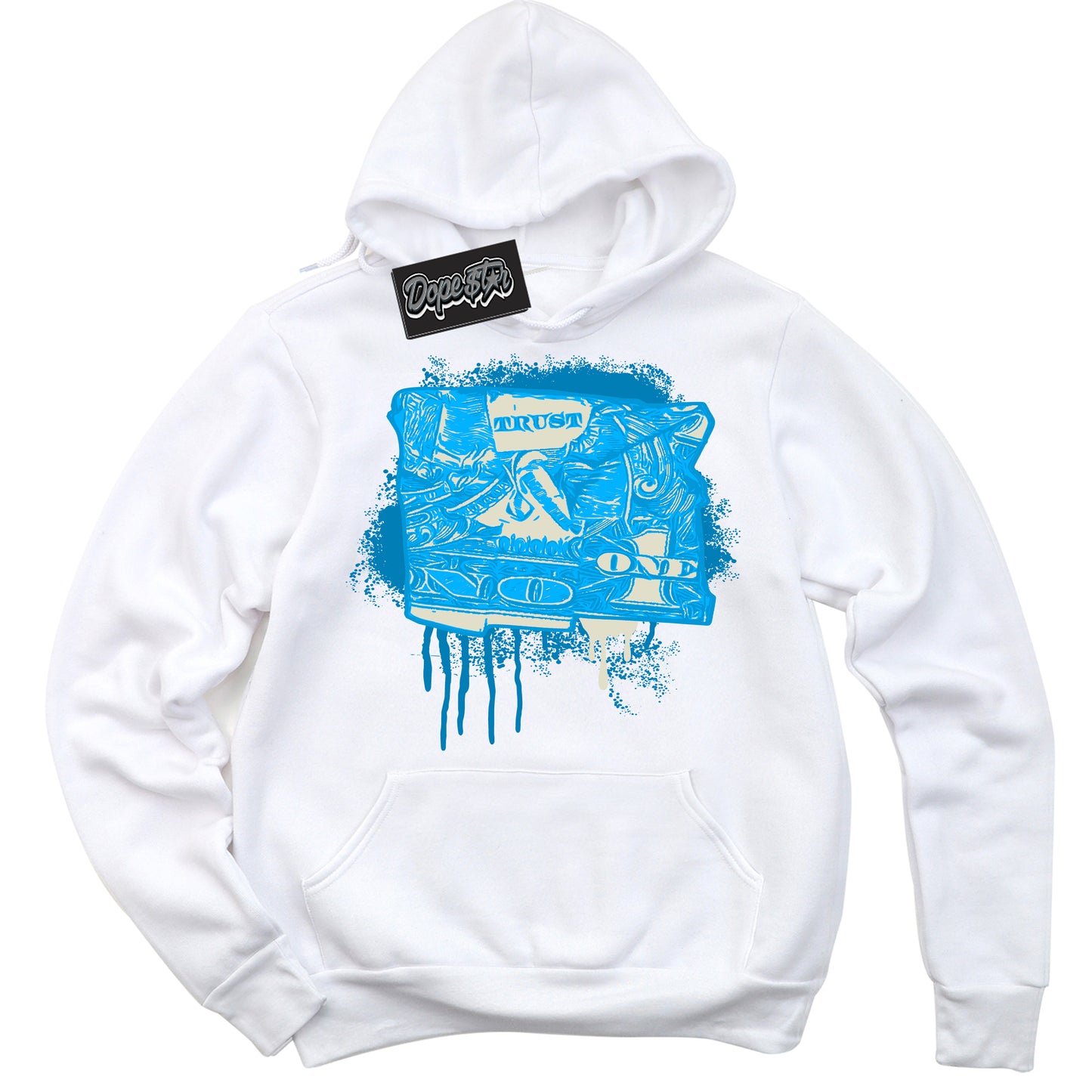 Cool White Hoodie with “Trust No One Dollar” design that Perfectly Matches Coconut Milk University Blue Dunk.
