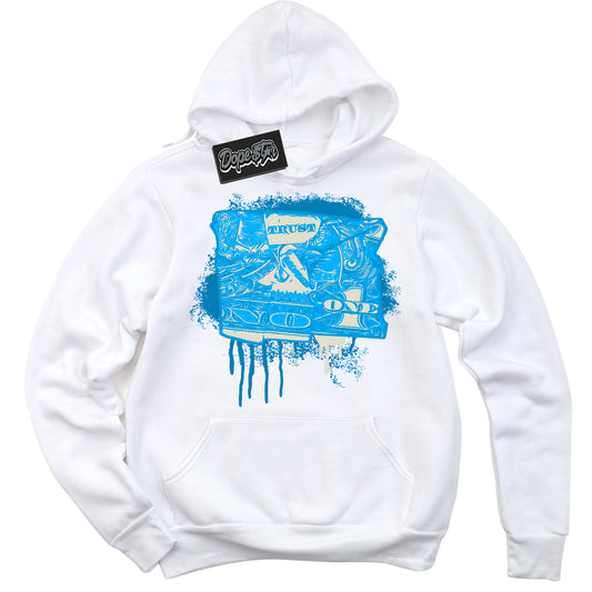 Cool White Hoodie with “Trust No One Dollar” design that Perfectly Matches Coconut Milk University Blue Dunk.
