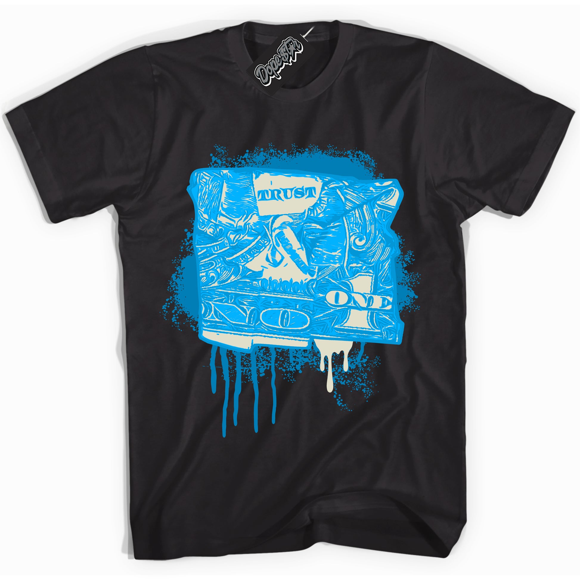 Cool Black Shirt with “Trust No One Dollar” design that perfectly matches Coconut Milk University Blue Dunk.
