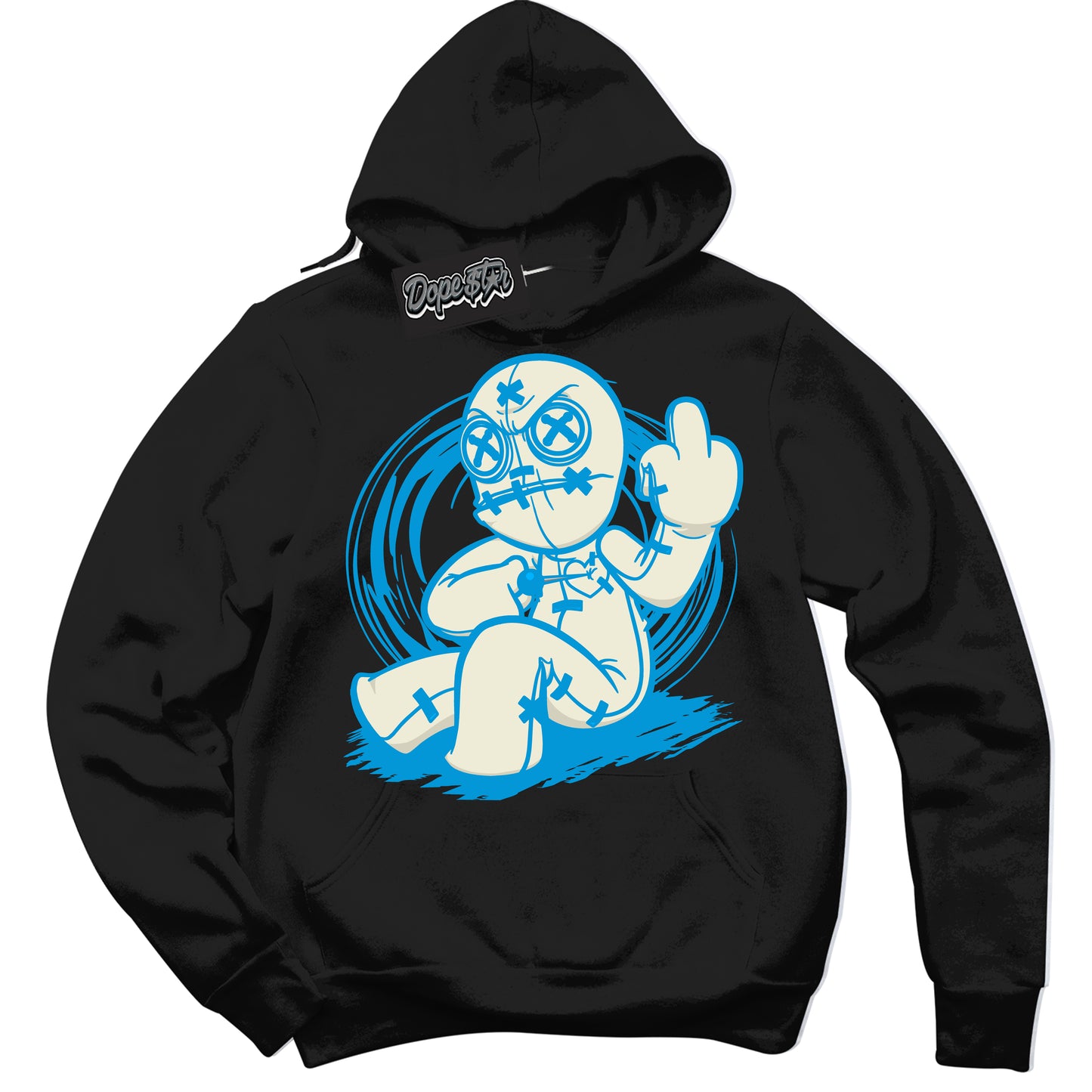 Cool Black Hoodie with “Voodoo Doll” design that Perfectly Matches Coconut Milk University Blue Dunk.
