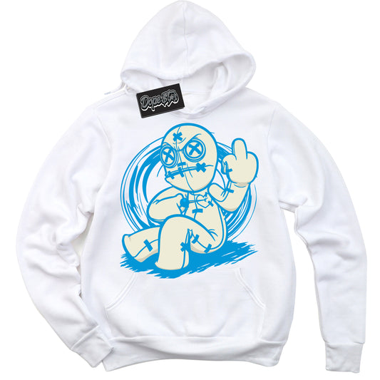 Cool White Hoodie with “Voodoo Doll” design that Perfectly Matches Coconut Milk University Blue Dunk.
