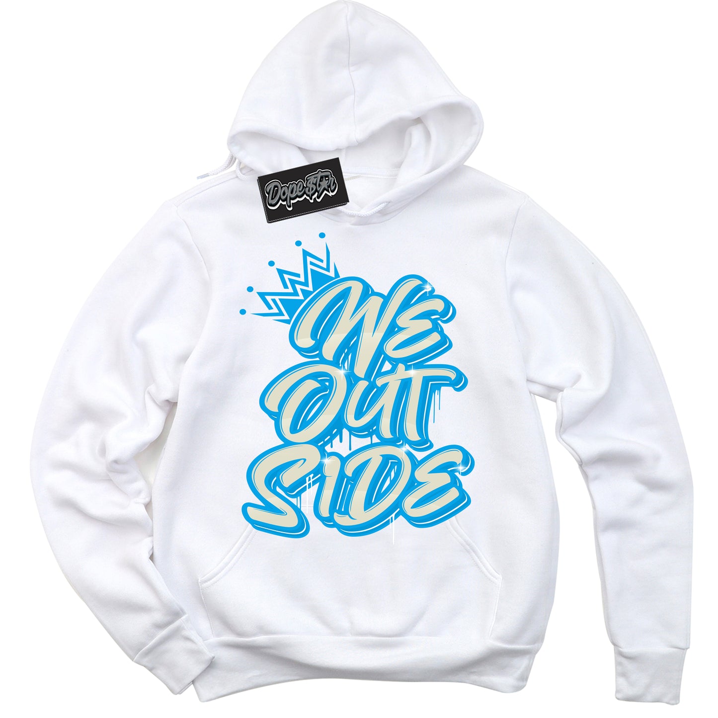Cool White Hoodie with “We Outside” design that Perfectly Matches Coconut Milk University Blue Dunk.
