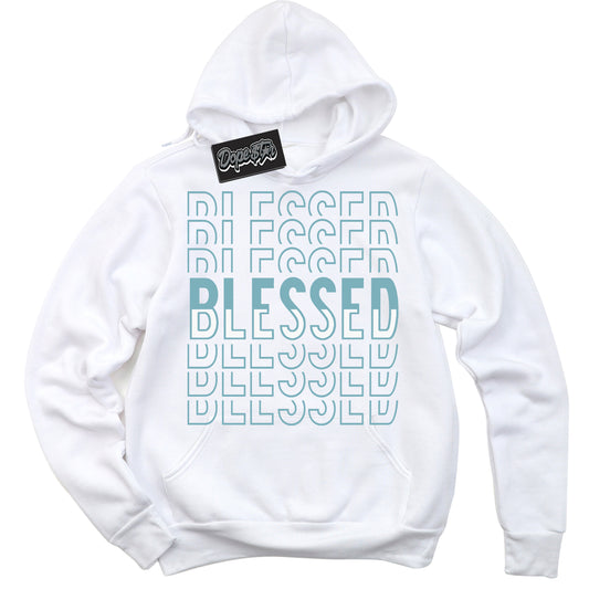 Cool White Hoodie with “Blessed Stacked” design that Perfectly Matches Denim Turquoise Dunk.