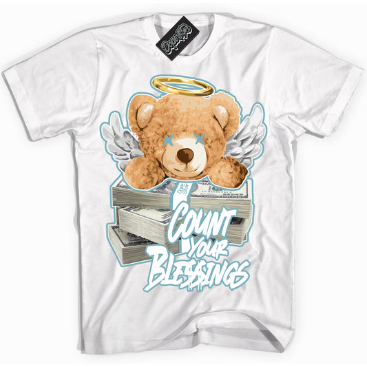 Cool White Shirt with “Count Your Blessings” design that perfectly matches Denim Turquoise Dunk.
