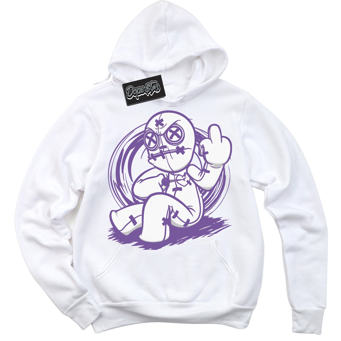 Cool White Hoodie with “Voodoo Doll” design that Perfectly Matches Next Nature Black Raspberry.
