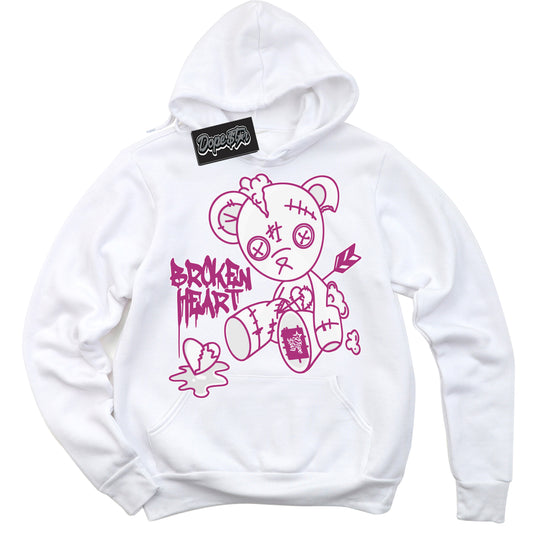 Cool White Hoodie with “Broken Heart Bear” design that Perfectly Matches Next Nature Hot Fuchsia Dunk.
