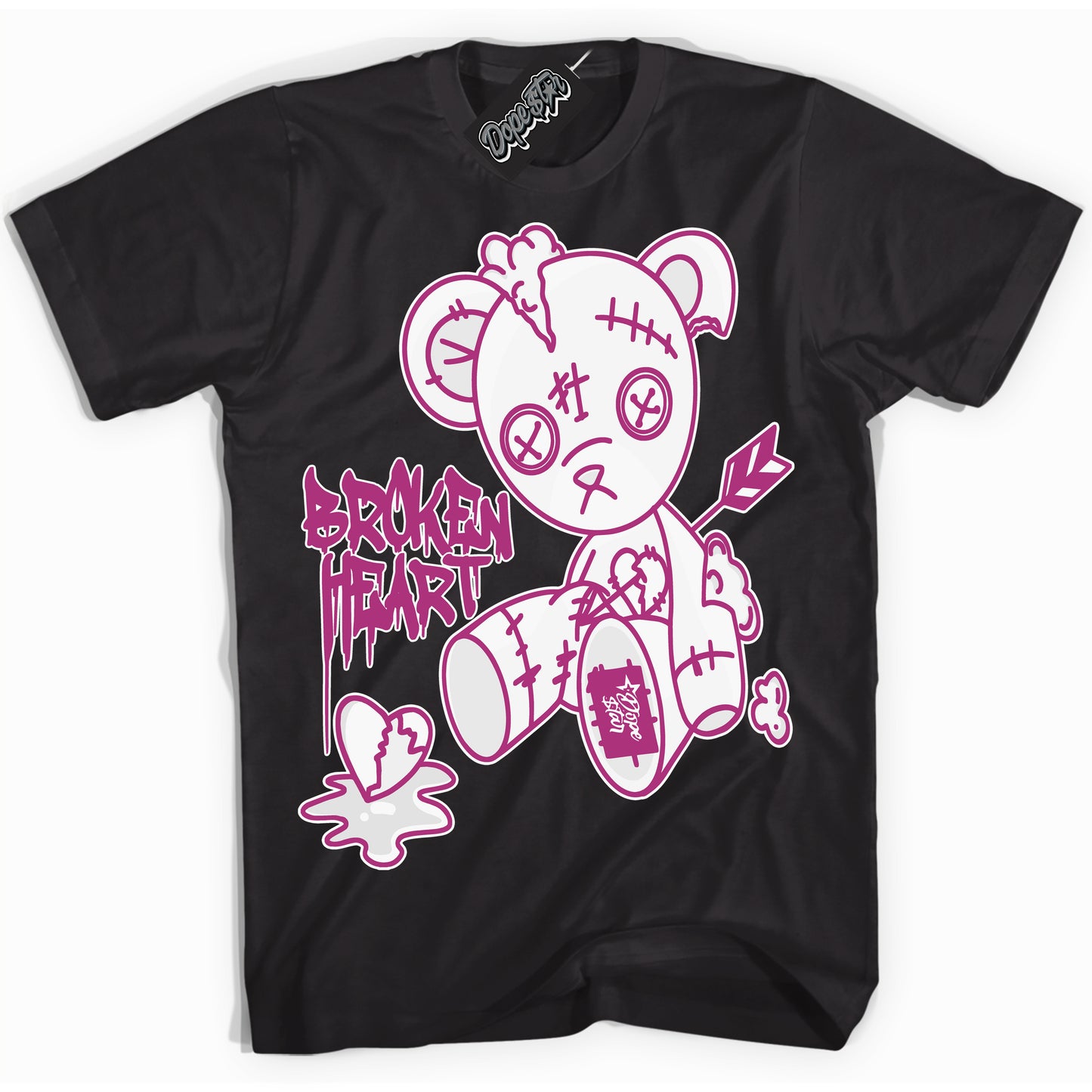 Cool Black Shirt with “Broken Heart Bear” design that perfectly matches Next Nature Hot Fuchsia Dunk.
