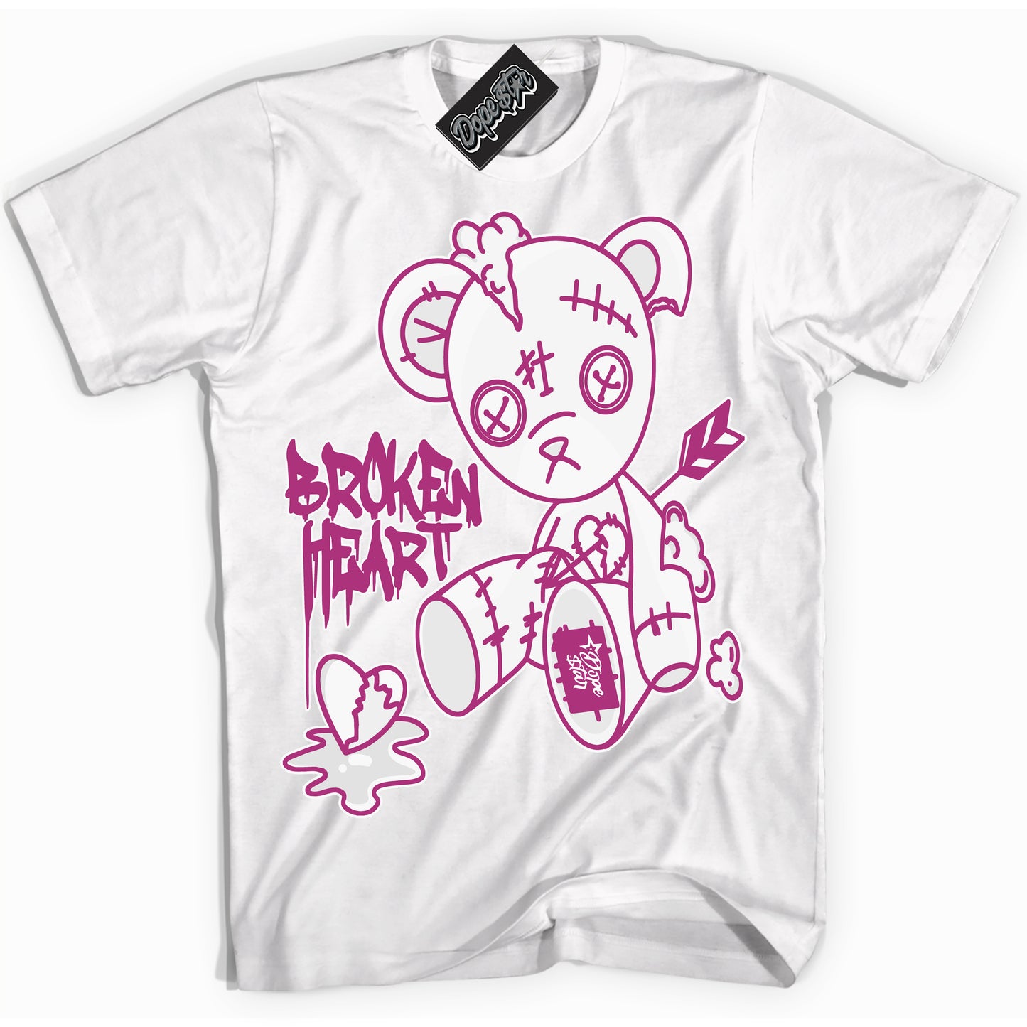 Cool White Shirt with “Broken Heart Bear” design that perfectly matches Next Nature Hot Fuchsia Dunk.

