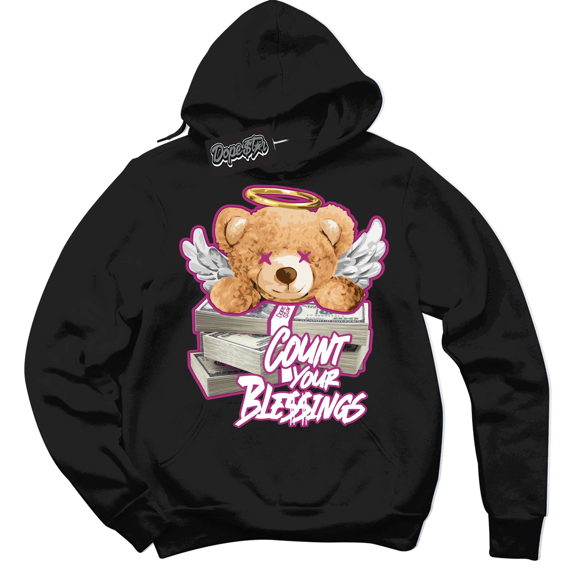 Cool Black Hoodie with “Count Your Blessings” design that Perfectly Matches Next Nature Hot Fuchsia Dunk.
