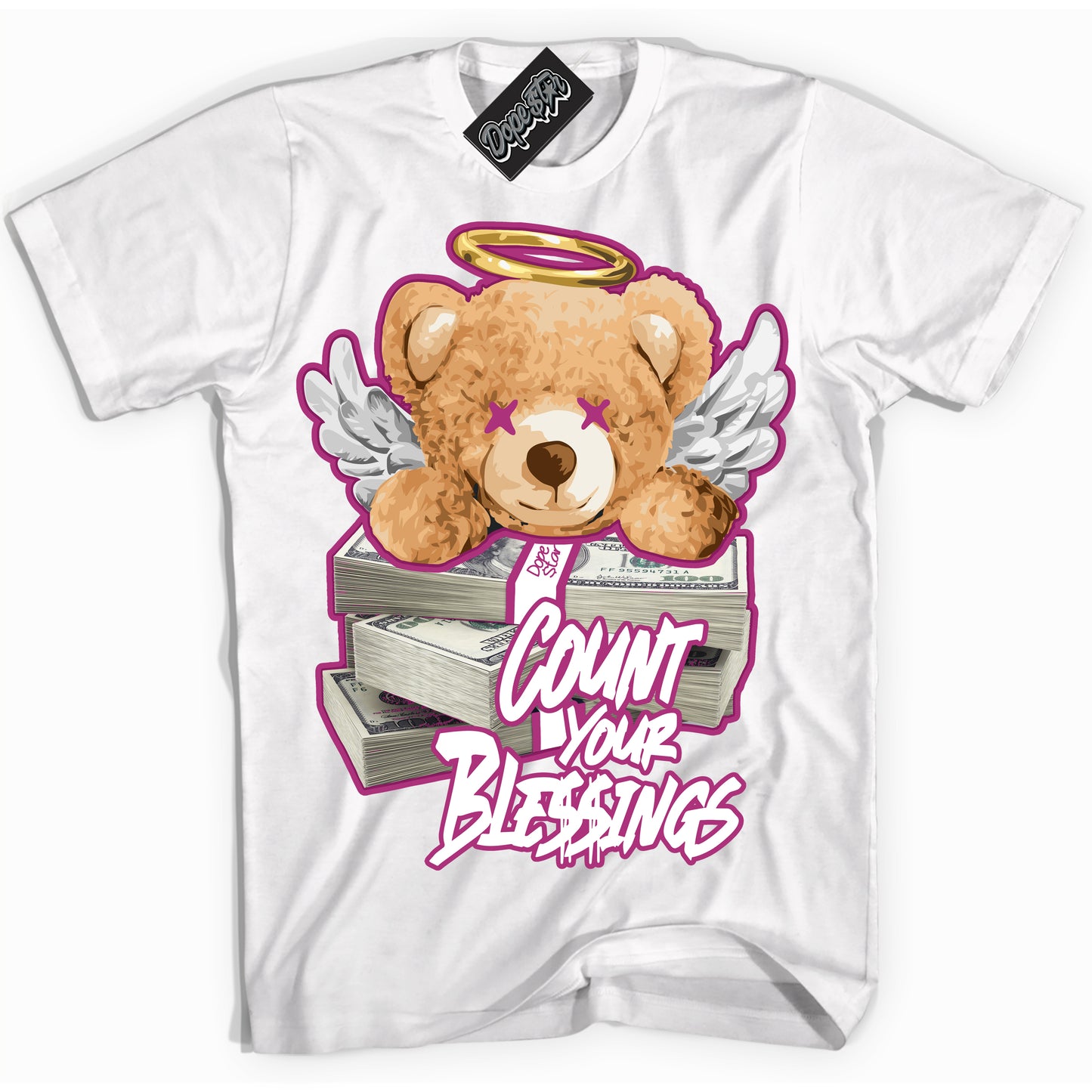 Cool White Shirt with “Count Your Blessings” design that perfectly matches Next Nature Hot Fuchsia Dunk.
