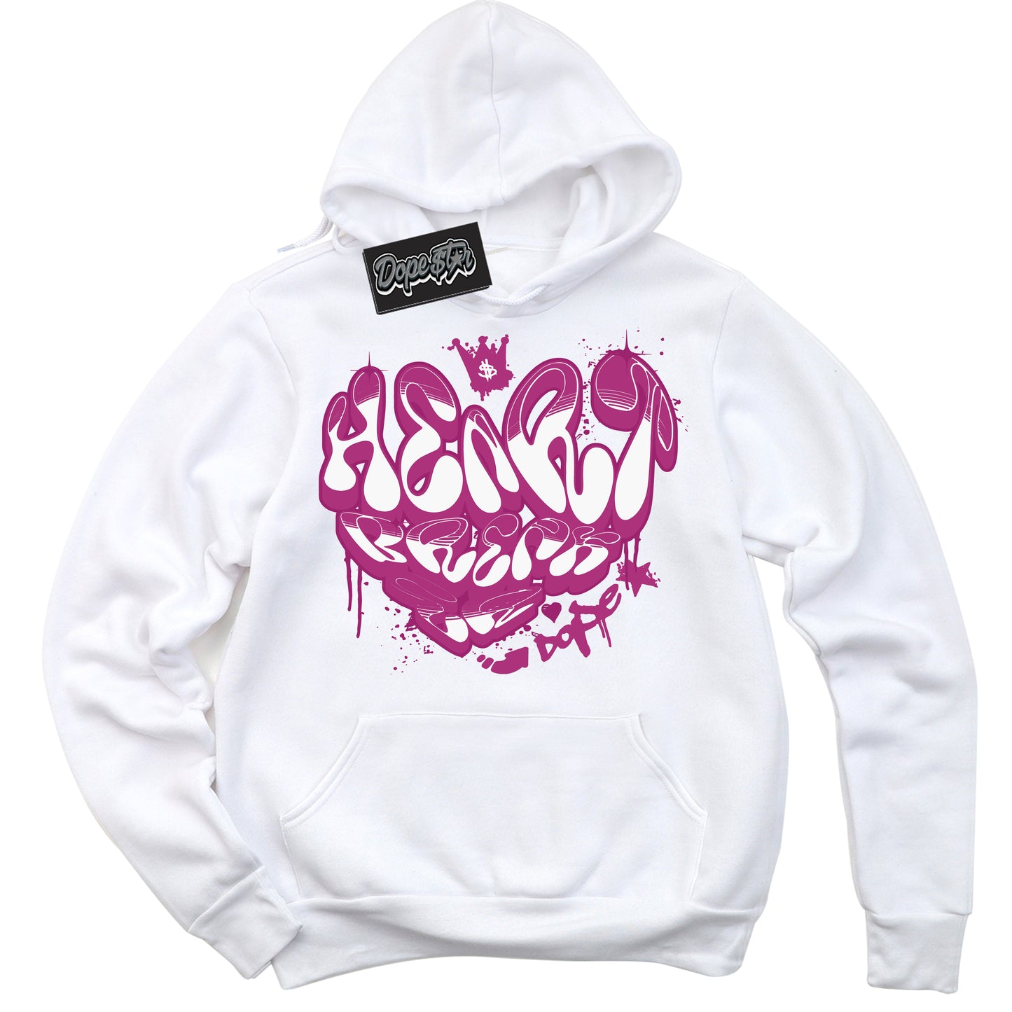 Cool White Hoodie with “Heartbreaker Graffiti” design that Perfectly Matches Next Nature Hot Fuchsia Dunk.
