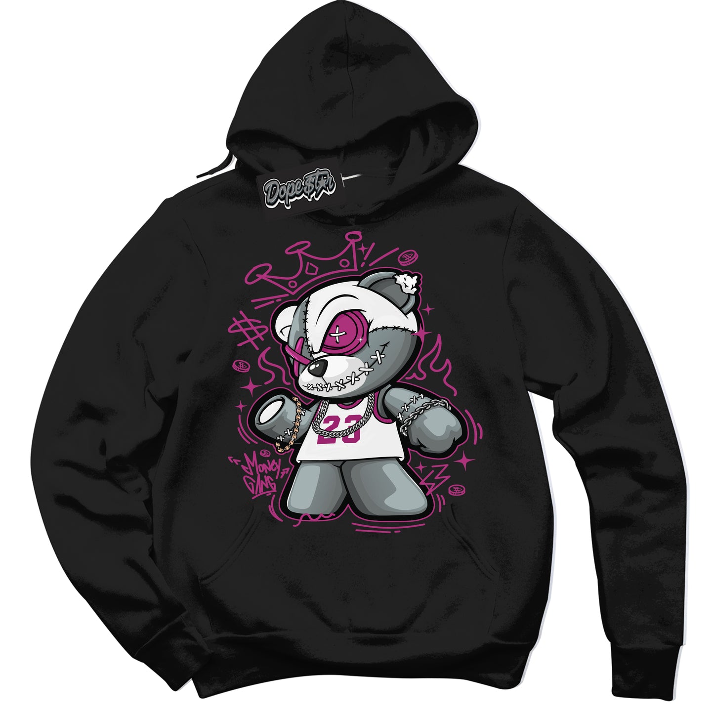 Cool Black Hoodie with “Money Gang Bear” design that Perfectly Matches Next Nature Hot Fuchsia Dunk.

