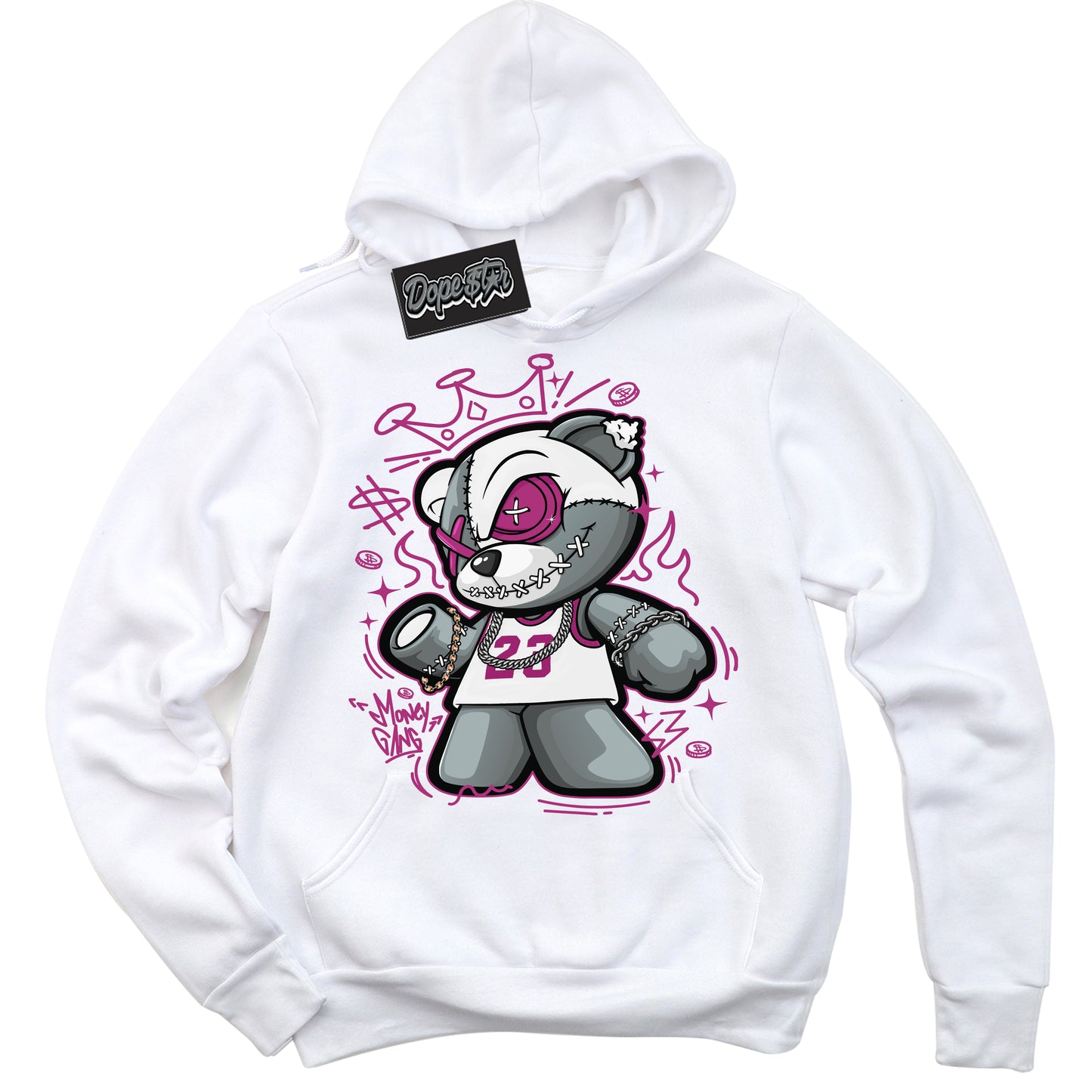 Cool White Hoodie with “Money Gang Bear” design that Perfectly Matches Next Nature Hot Fuchsia Dunk.
