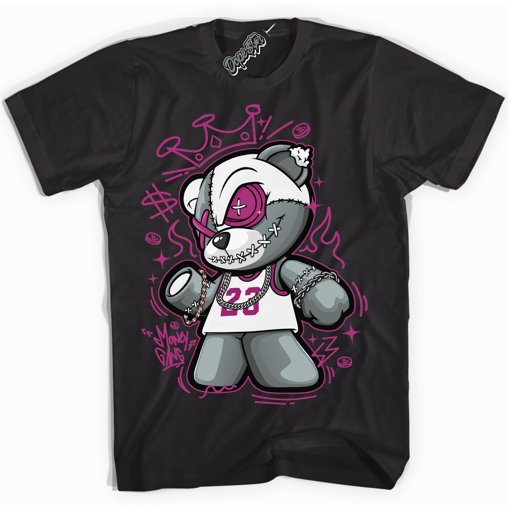 Cool Black Shirt with “Money Gang Bear” design that perfectly matches Next Nature Hot Fuchsia Dunk.
