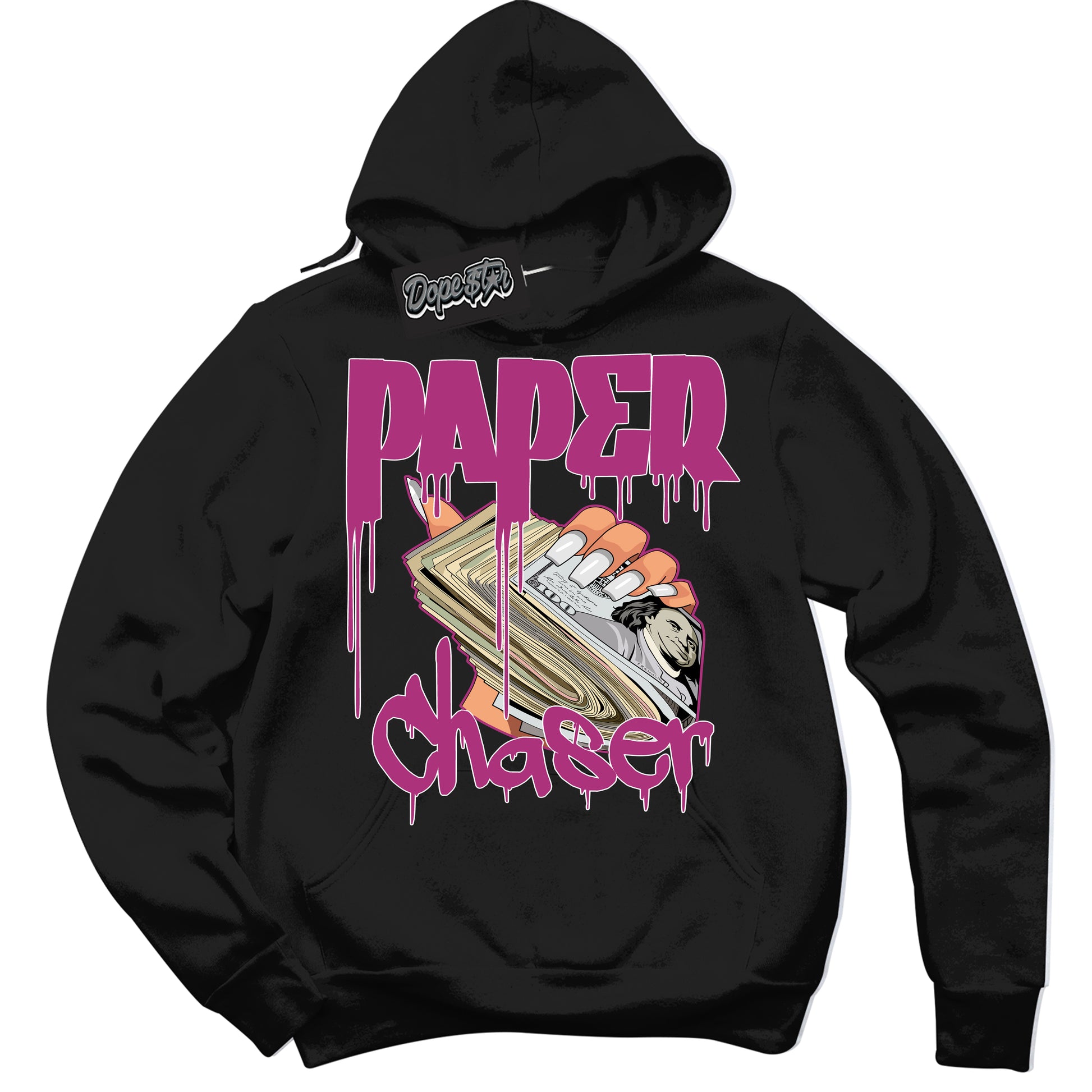 Cool Black Hoodie with “Paper Chaser” design that Perfectly Matches Next Nature Hot Fuchsia Dunk.
