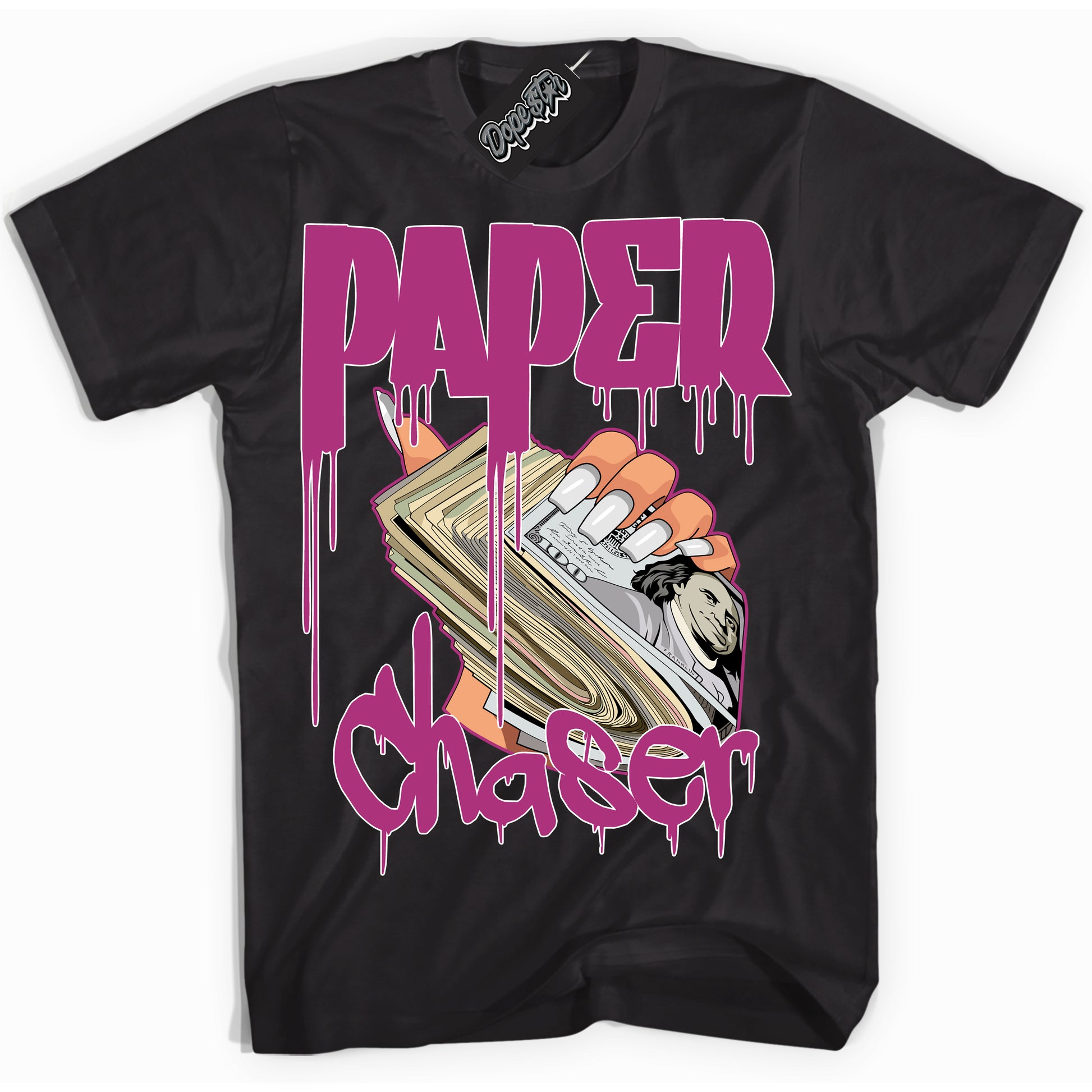 Cool Black Shirt with “Paper Chaser” design that perfectly matches Next Nature Hot Fuchsia Dunk.
