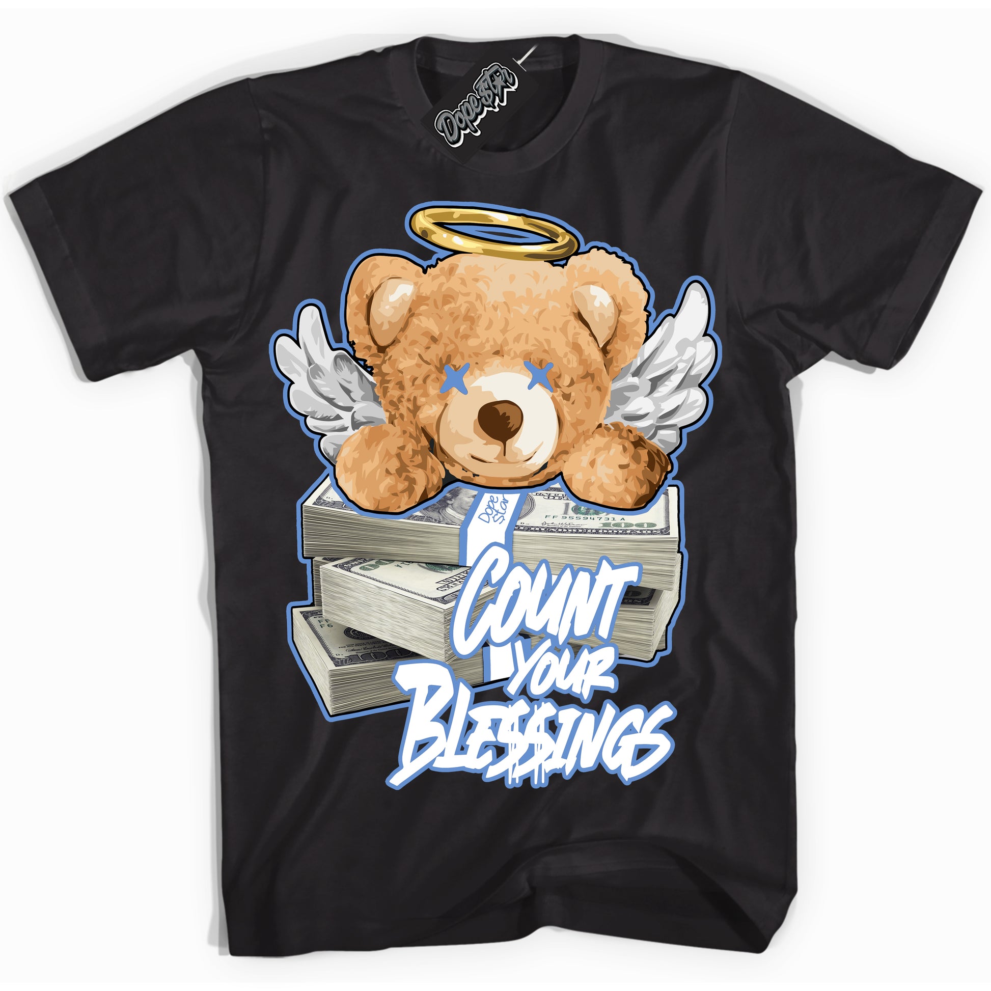 Cool Black Shirt with “ Count Your Blessings ” design that perfectly matches Polar Blue Dunk.