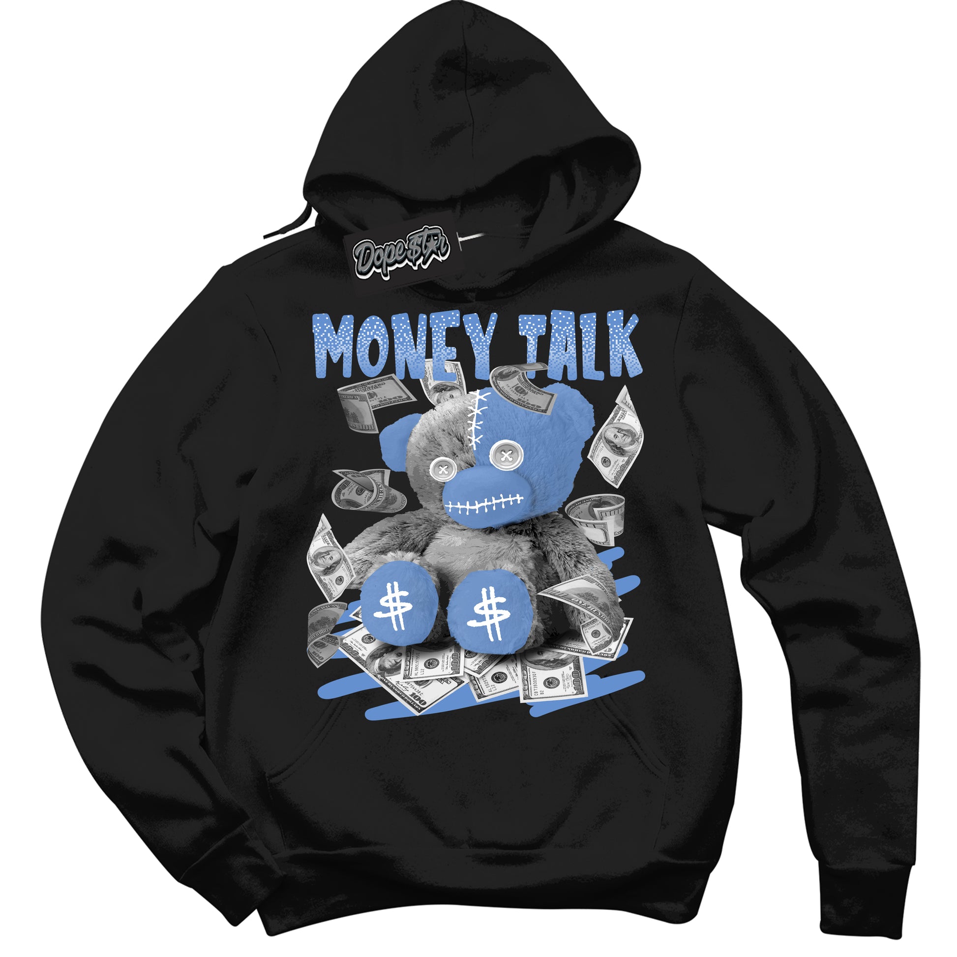Cool Black Hoodie with “ Money Talk Bear ”  design that Perfectly Matches Polar Blue Dunk.