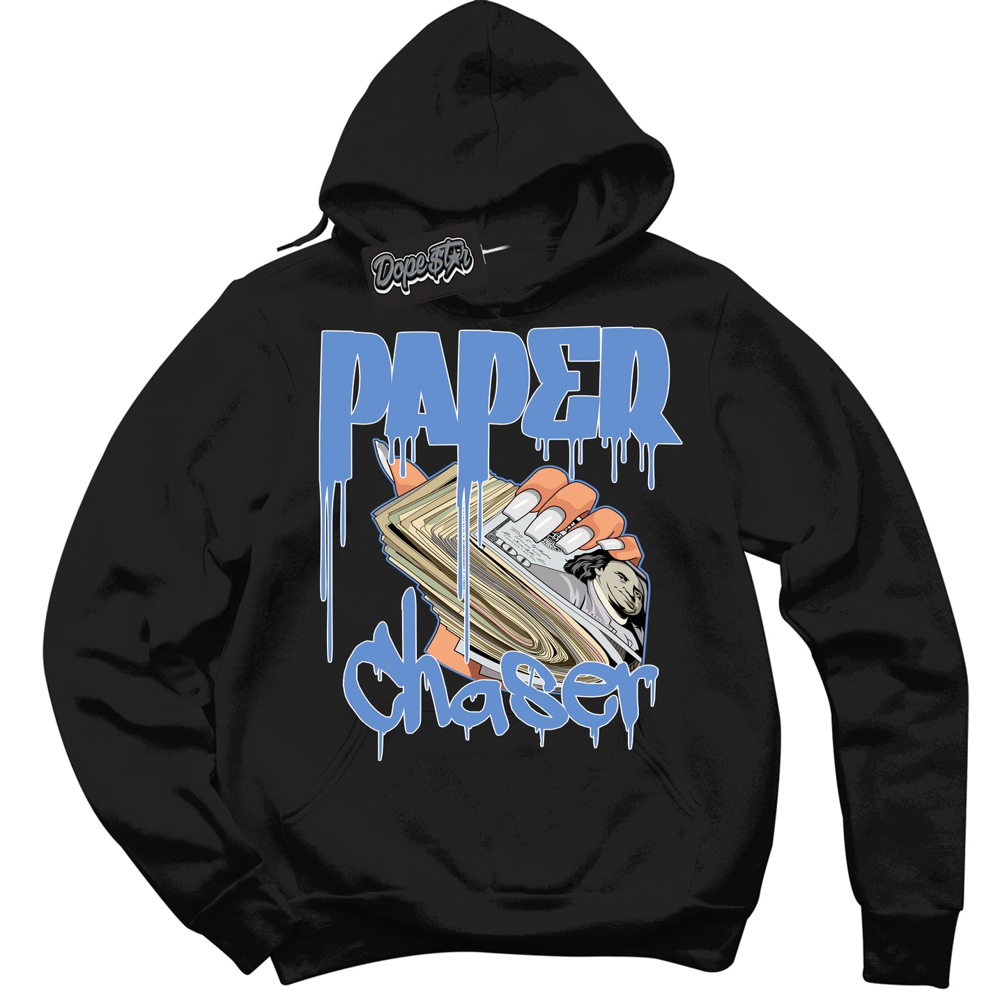 Cool Black Hoodie with “ Paper Chaser ”  design that Perfectly Matches Polar Blue Dunk.