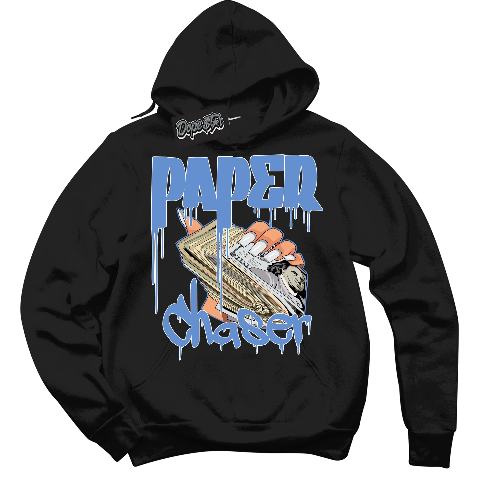 Cool Black Hoodie with “ Paper Chaser ”  design that Perfectly Matches Polar Blue Dunk.