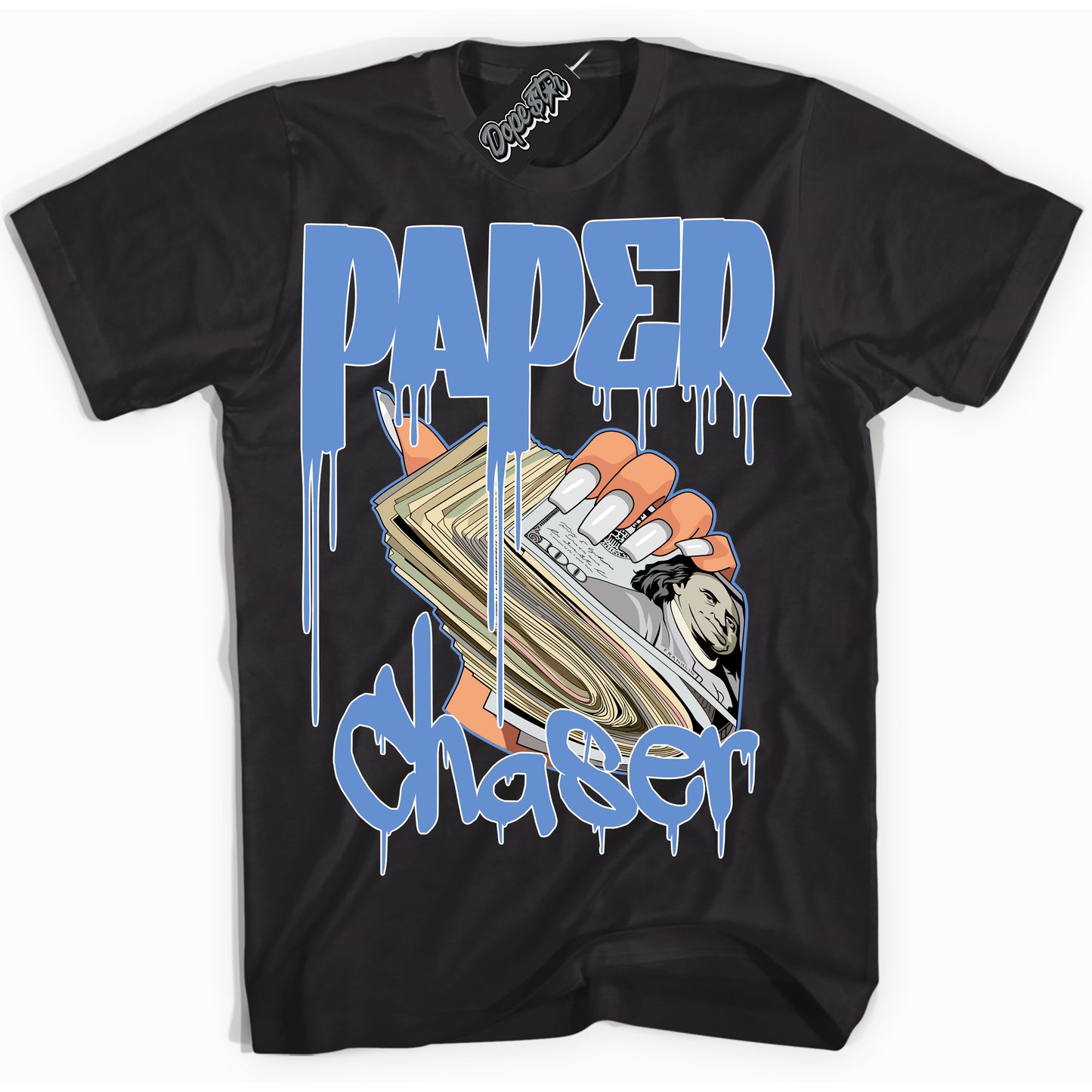 Cool Black Shirt with “ Paper Chaser ” design that perfectly matches Polar Blue Dunk.