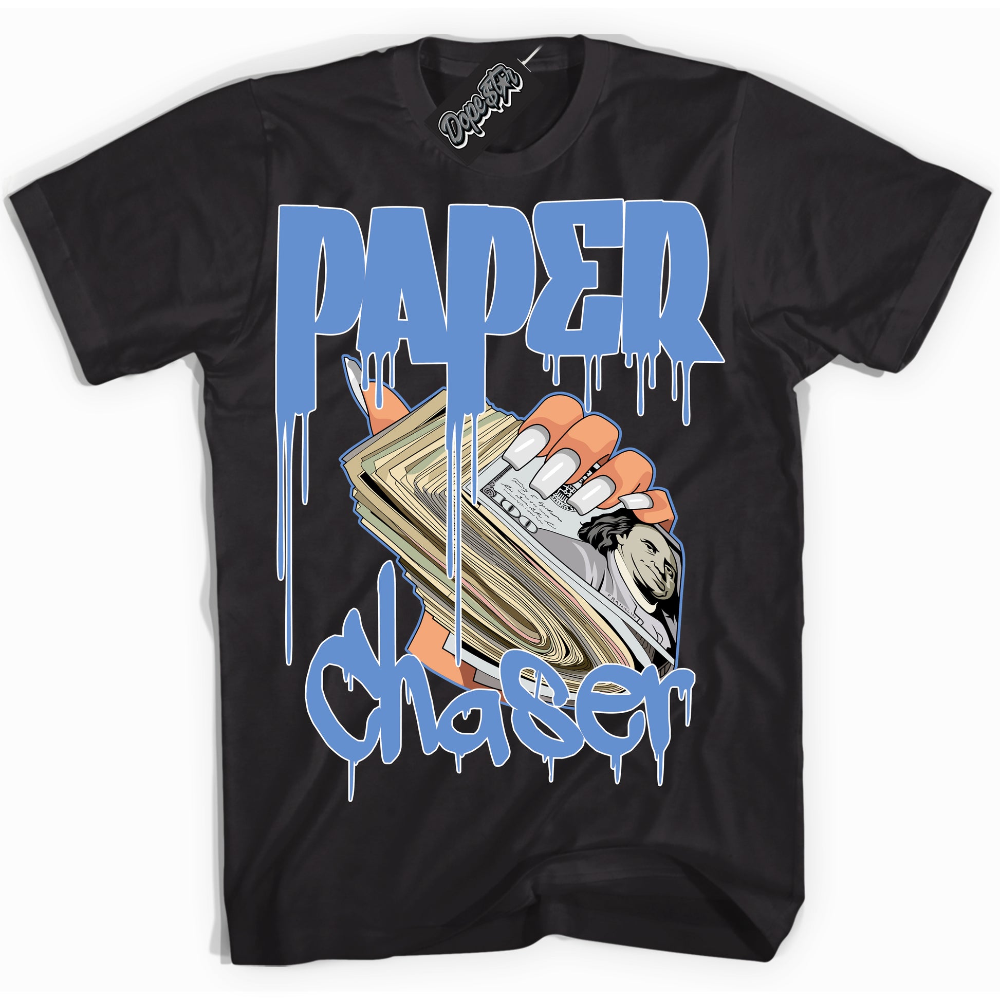 Cool Black Shirt with “ Paper Chaser ” design that perfectly matches Polar Blue Dunk.