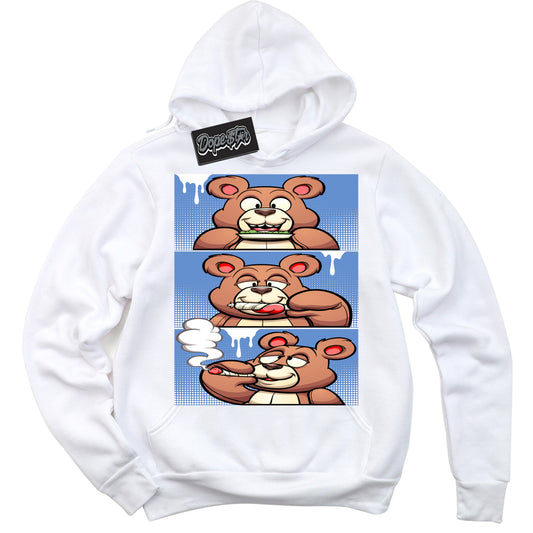 Cool White Hoodie with “ Roll It Lick It Smoke It Bear ”  design that Perfectly Matches Polar Blue Dunk.