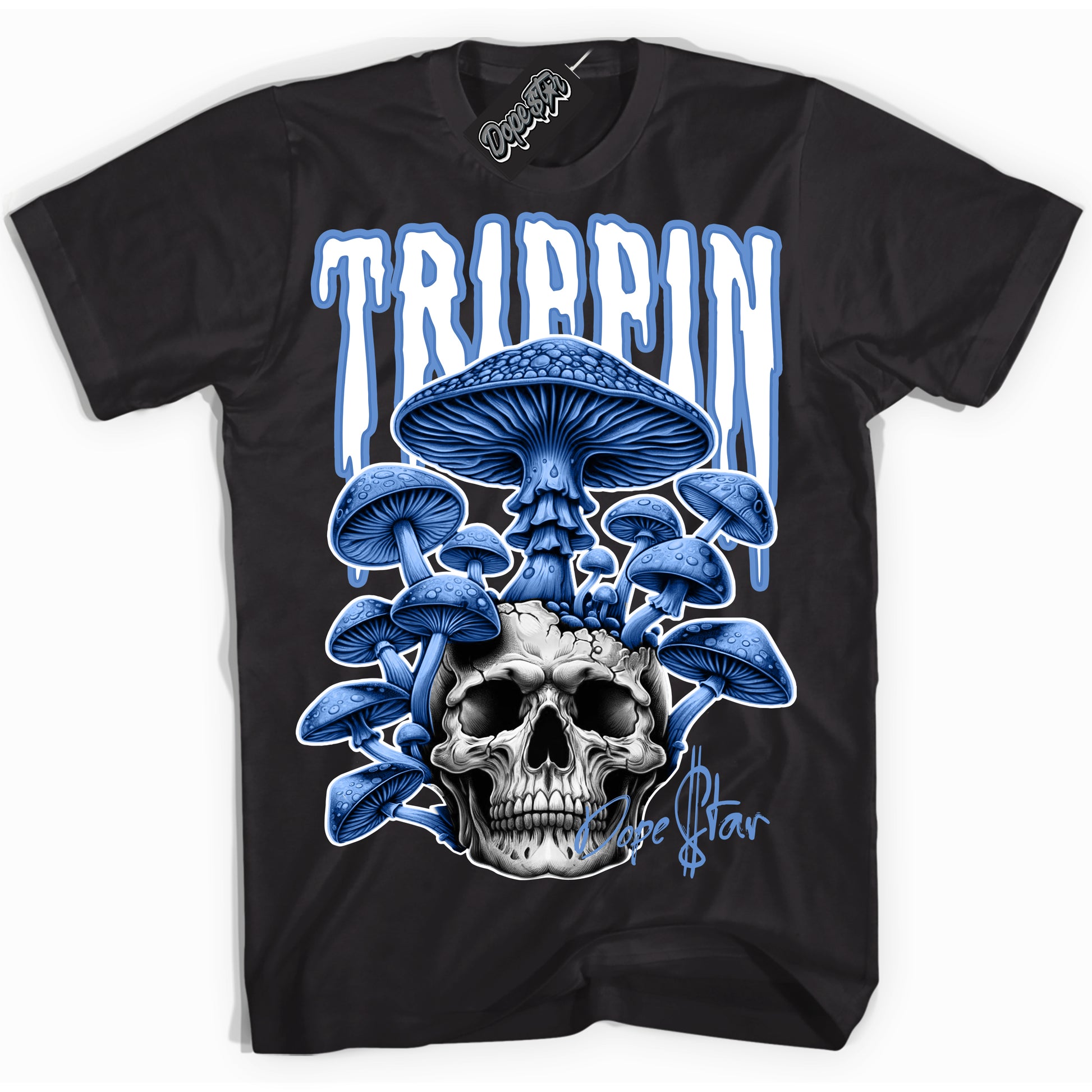 Cool Black Shirt with “Trippin” design that perfectly matches Polar Blue Dunk.