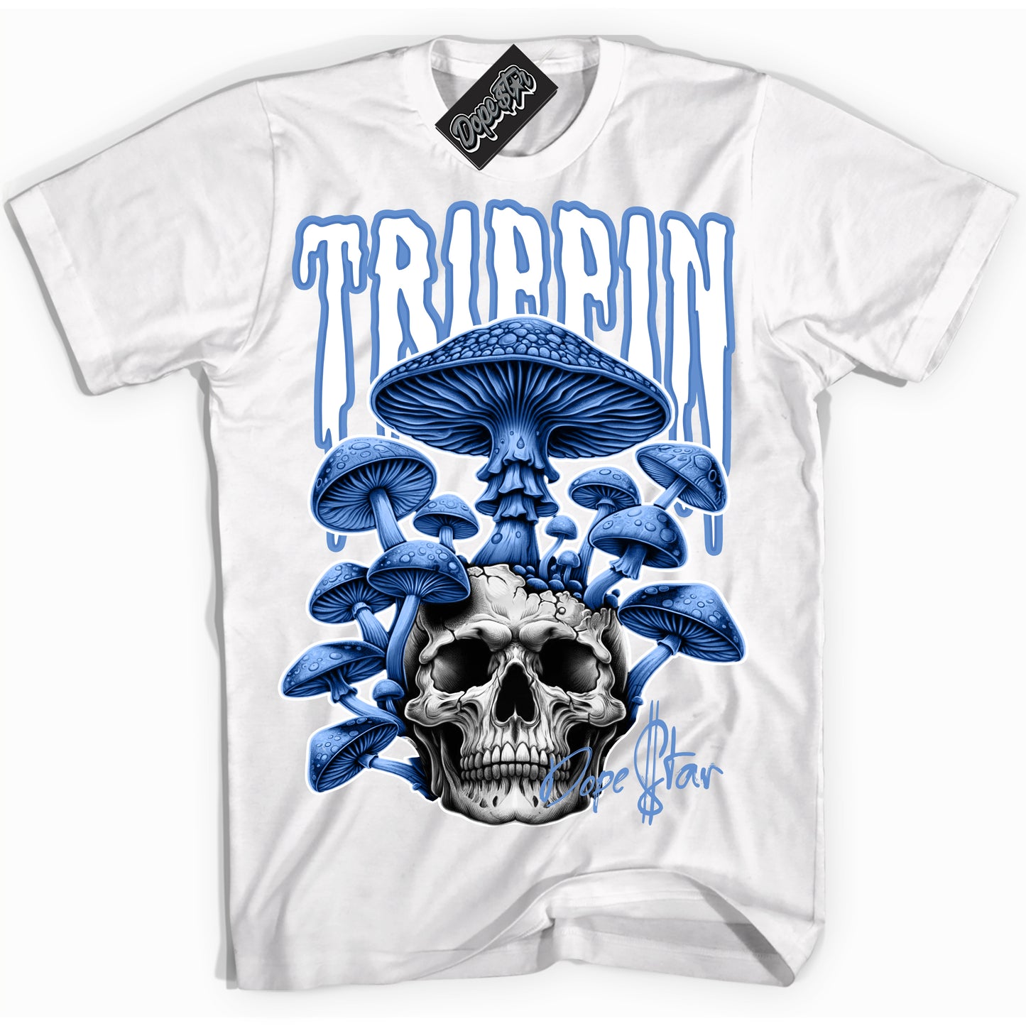 Cool White Shirt with “Trippin” design that perfectly matches Polar Blue Dunk.