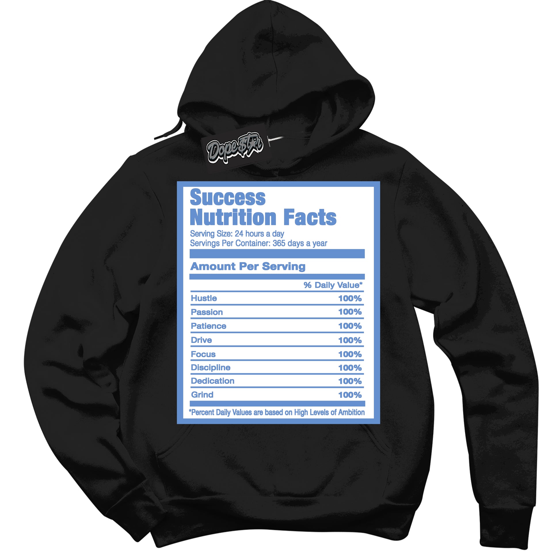 Cool Black Hoodie with “ Success Nutrition ”  design that Perfectly Matches Polar Blue Dunk.