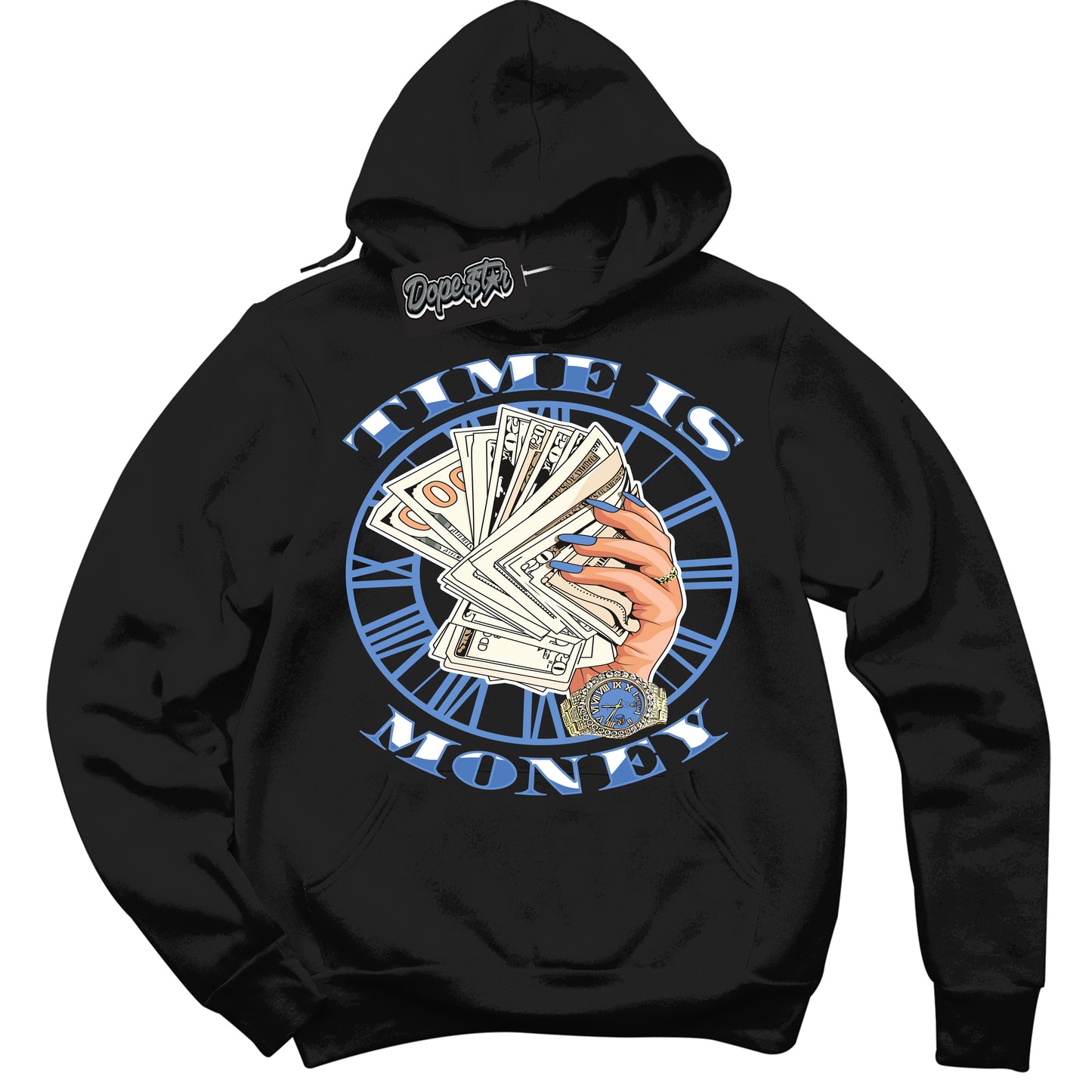 Cool Black Hoodie with “ Time Is Money ”  design that Perfectly Matches Polar Blue Dunk.