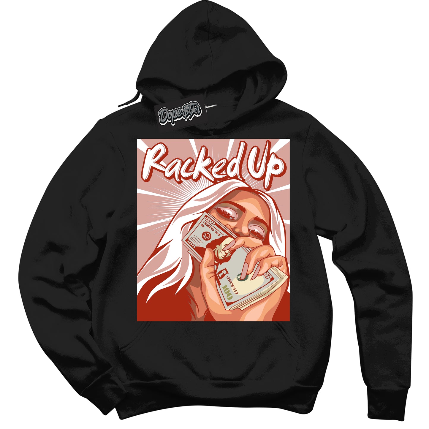 Cool Black Hoodie with “ Racked Up” design that Perfectly Matches Red Stardust Dunk.