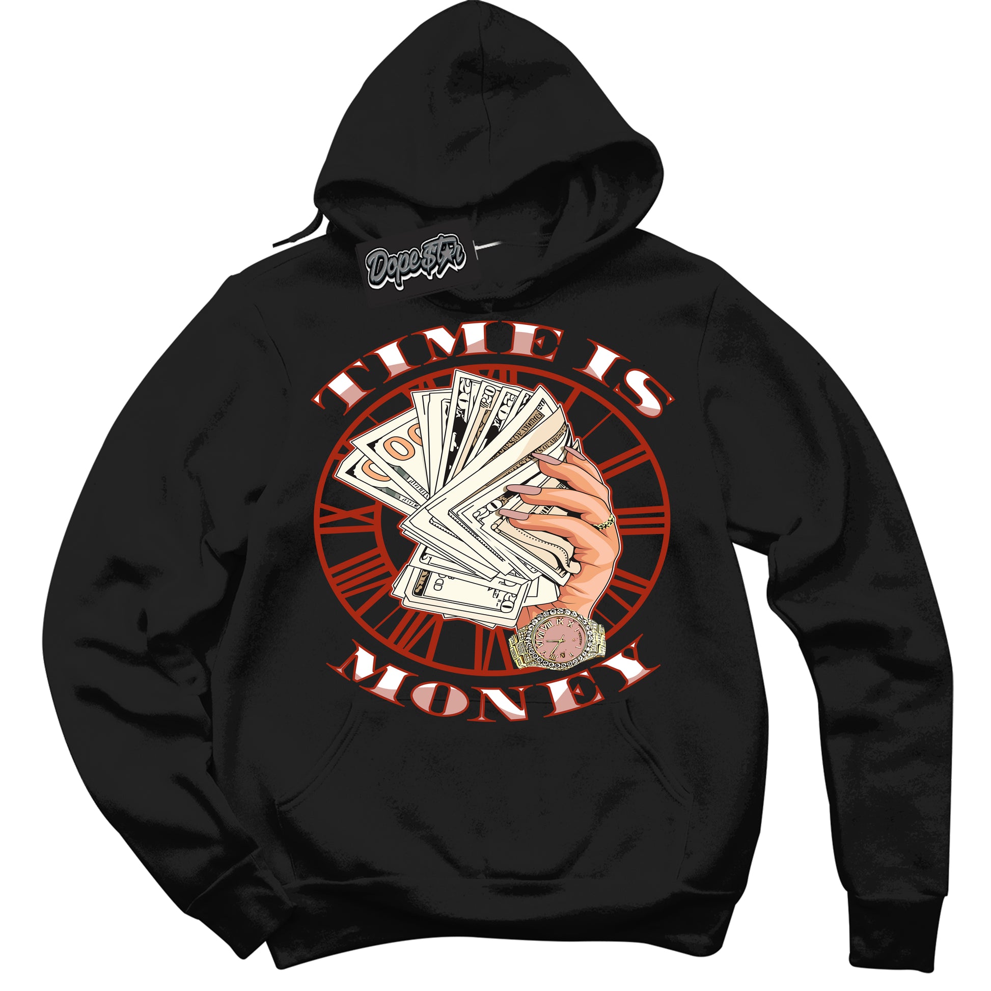 Cool Black Hoodie with “ Time Is Money” design that Perfectly Matches Red Stardust Dunk.